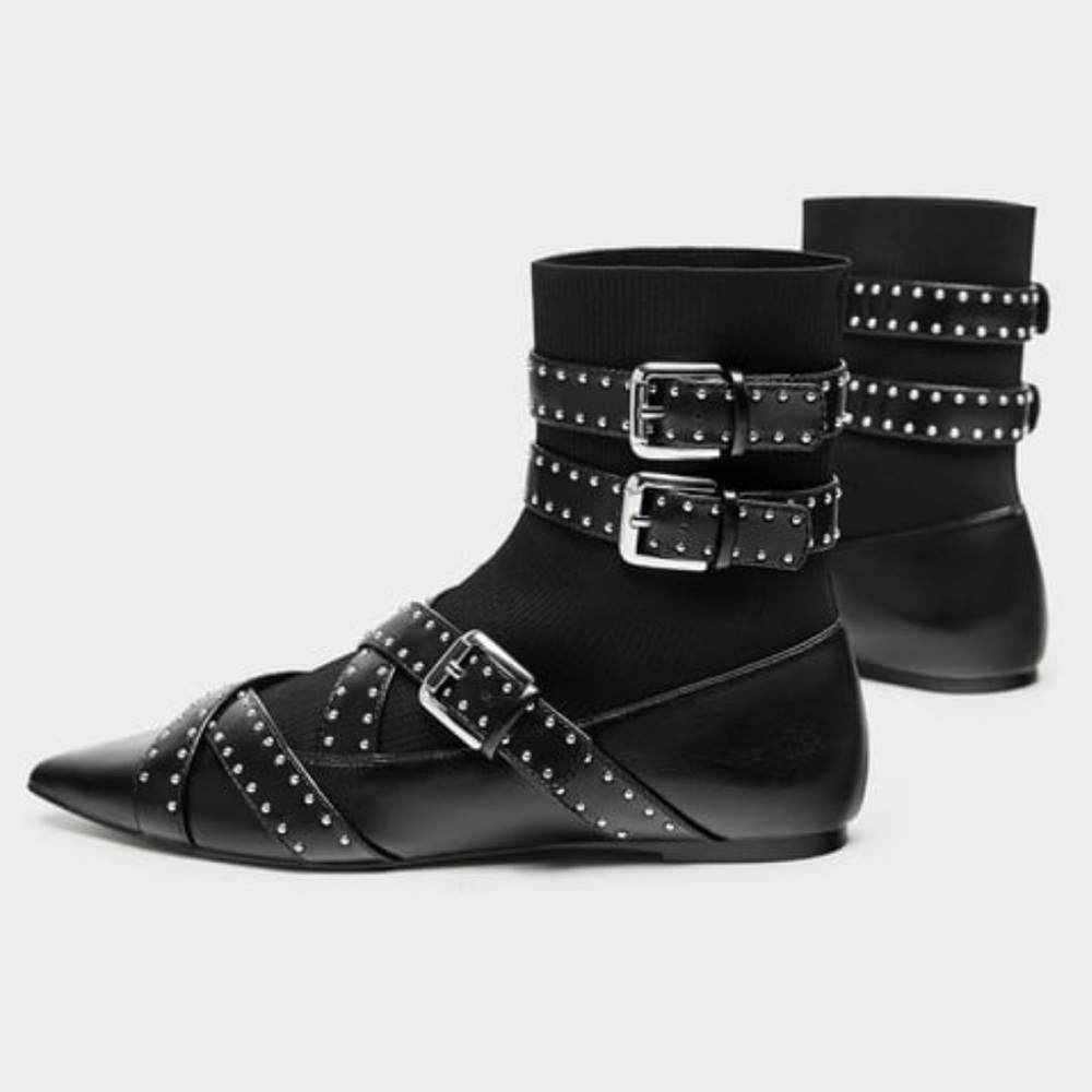 Zara pointy straps studded ankle socks boots - Picture 6 of 8